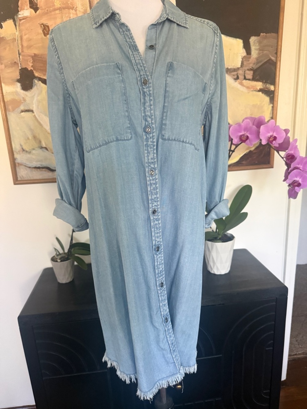 Light Wash Denim Shirt Dress - Casual Metal Button-Front